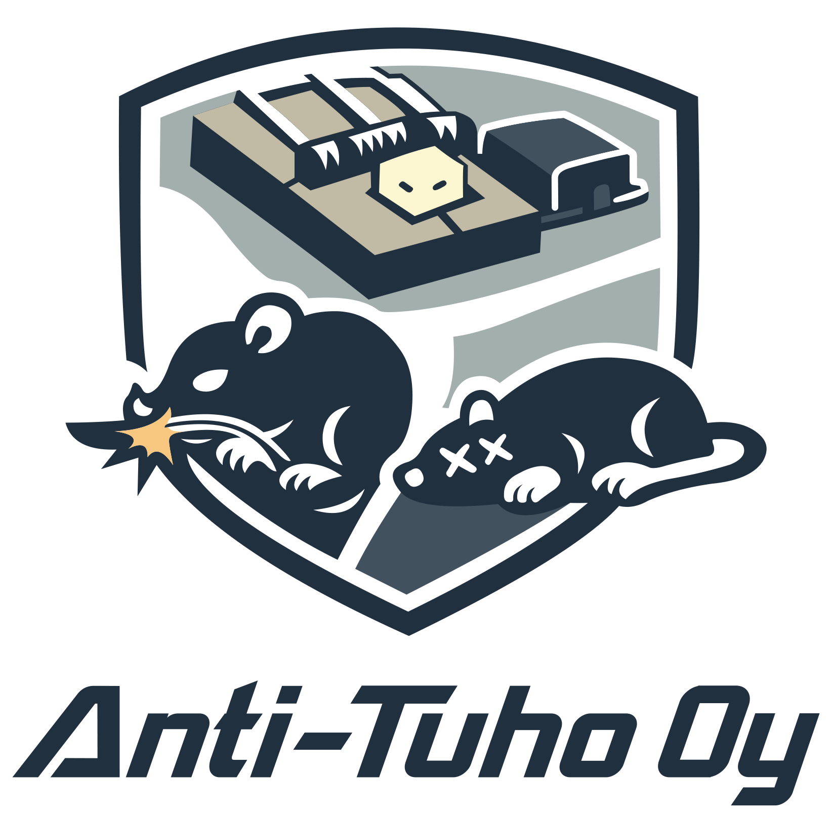 Anti-Tuho Oy:n logo: kilpi, jonka sisällä hiirenloukku ja kaksi rottaa, ja sen alla teksti Anti-Tuho Oy